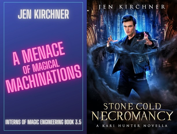 Cover of A Menace of Magical Machinations with large text across the front and Stone Cold Necromancy with Mieklis Priedis casting a spell in an eery cathedral